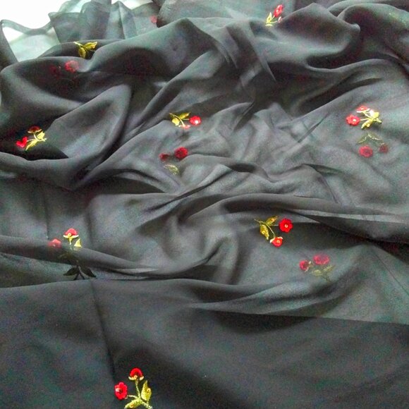 Sheer Black Synthetic Chiffon Fabric with Embroidered & Sequin Rose Design - Picture 5 of 9